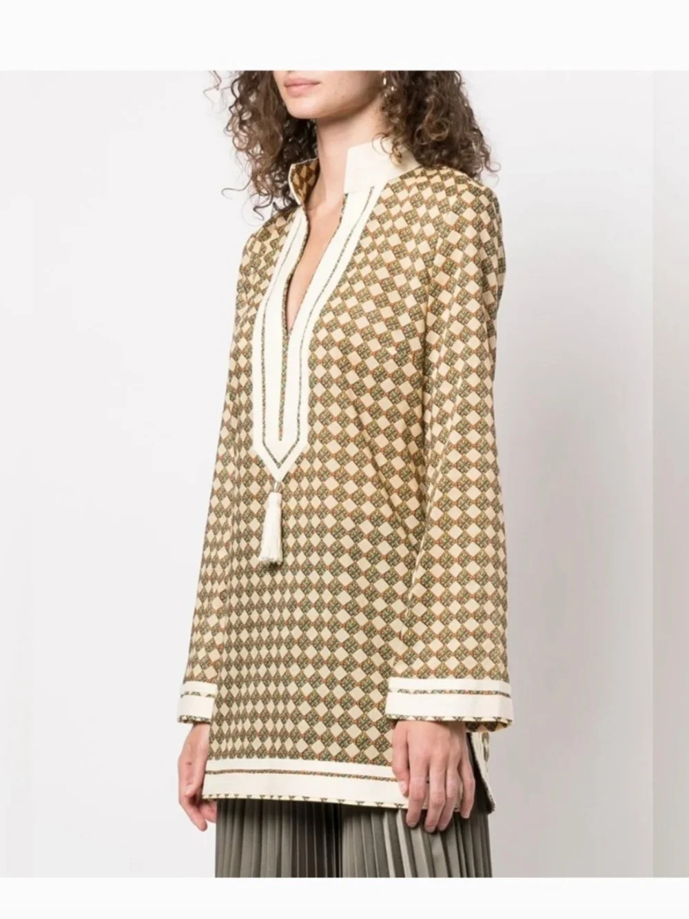 Tory Burch Printed Tory Tassel Tunic French Cream Basketweave Dress S NWT